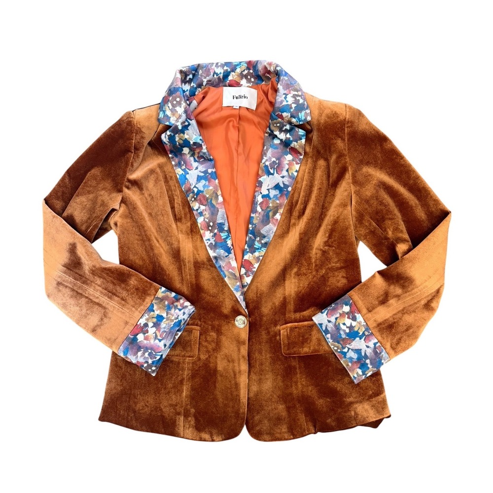 FuFario Rust Velvet Blazer Floral Trim Notched Lapel Single Button Size S